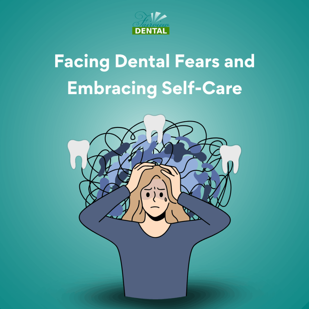 Illustration of a worried woman holding her head with dental icons around her, representing dental anxiety and stress.