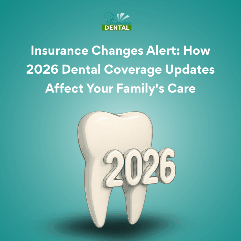A 3D illustration of a white tooth with the year "2026" embossed on it, set against a teal background with Fairview Dental branding.