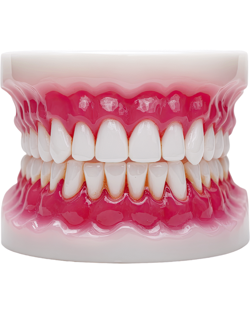 A clinical dental model showing a full set of white teeth with pink gums, illustrating the healthy gum line and structure targeted by gum graft surgery.