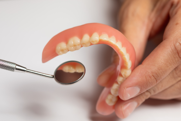 A close-up of a dentist's hands holding a pink dental model of a lower arch of teeth while using a circular dental mirror to inspect the gum line.