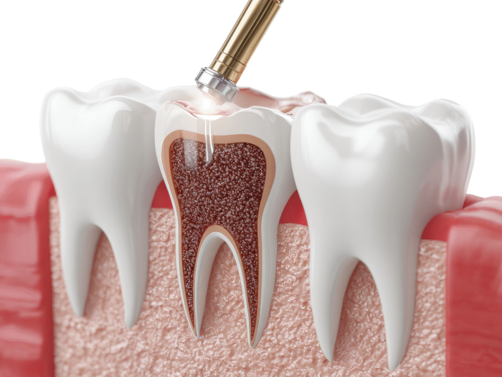 A cross-section diagram of teeth and gums showing a dental laser tool treating a deep bacterial pocket between the tooth root and the jawbone.