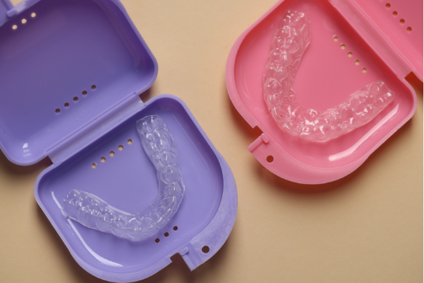Two clear plastic orthodontic retainers sitting in their open protective cases—one purple and one pink—laid out on a neutral beige surface.