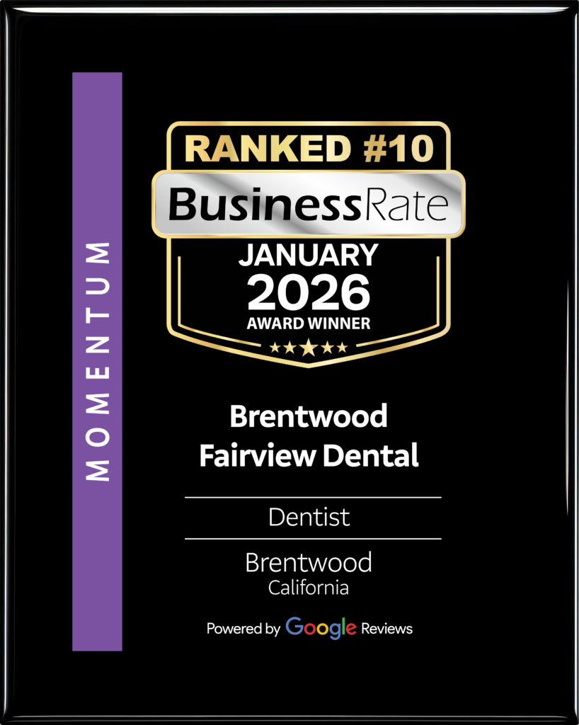 Official BusinessRate award badge for January 2026 showing Brentwood Fairview Dental ranked number 10 for business momentum in Brentwood, California. The award features the BusinessRate logo and mentions it is powered by Google Reviews.