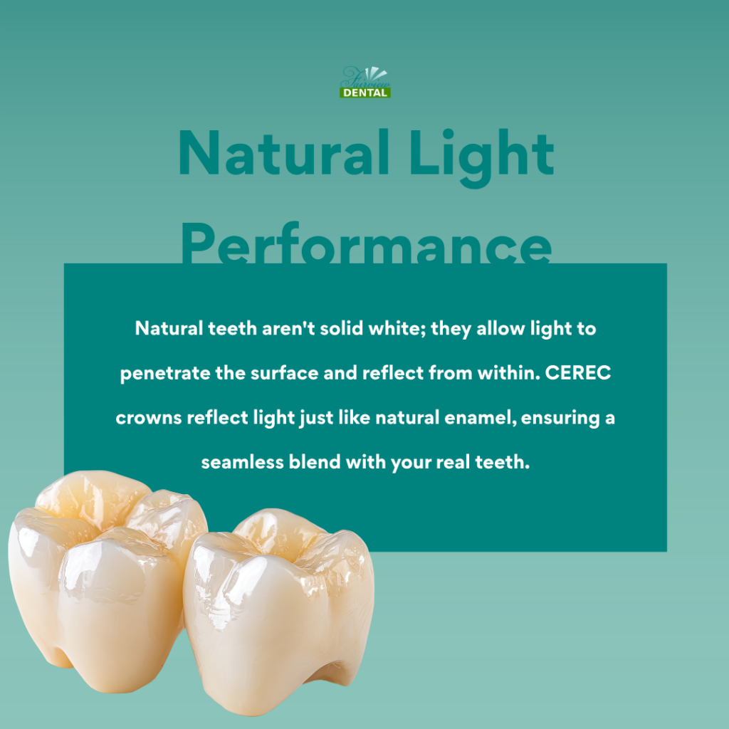 A permanent, natural-looking CEREC crown ready for placement, highlighting the translucent ceramic used for same-day dental transformations.